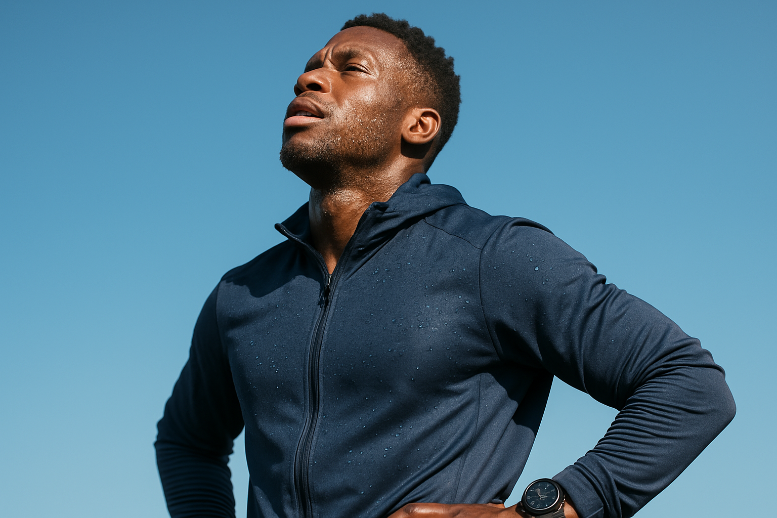 generate 3 pictures of a black man with a tracksuit posing looking towards the sky wearing a sporty wrist watch with drips of sweath with a sky blue backround