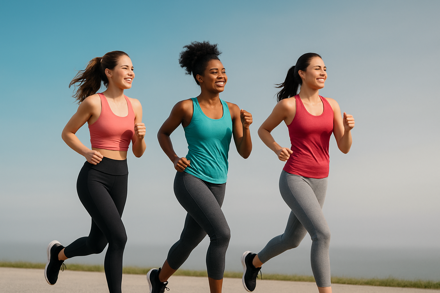 generate the image of 3 women jogging with skyblue and grey background