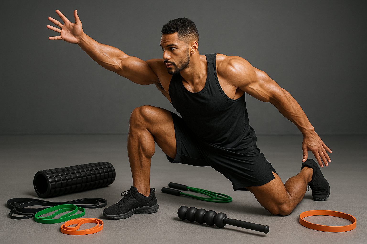 Generate the image of a half cast male stretching without cloth with a beautiful shape muscle with a grey background with streching equipment like rubber bands and flexer